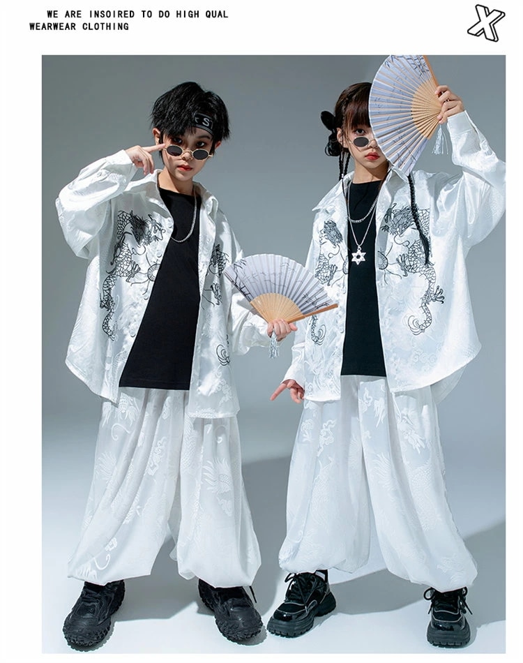 龍柄 中華風 キッズダンス ヒップホップ 女の子 男の子 レッド ブラック ホワイト シルク風 チャイナ風 長袖 ジャケット パンツ ズボン ダンス衣装 ストリート系 ガールズ 団体服 ダンスウェア 龍柄 中華風 キッズダンス ヒップホップ 女の子 男の子 レッド ブラック ホワイト シルク風 チャイナ風 長袖 ジャケット パンツ ズボン ダンス衣装 ストリート系 ガールズ 団体服 ダンスウェア