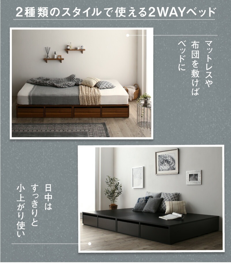 布団で寝られる 大容量収納ベッド [センペール2] [薄型プレミアムポケットコイルマットレス付き] ロータイプ 引き出し2杯付き セミダブル [フレーム色]ブラック