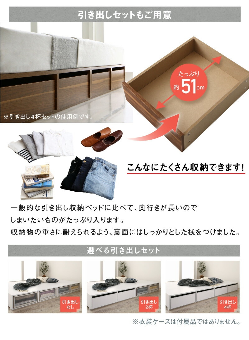 布団で寝られる 大容量収納ベッド [センペール2] [薄型プレミアムポケットコイルマットレス付き] ロータイプ 引き出し2杯付き セミダブル [フレーム色]ブラック