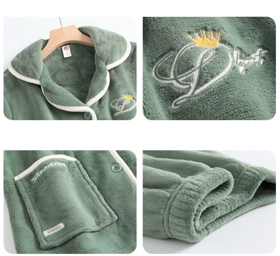 【取寄：納期2週間】ルームウェア レディース パジャマ フランネル 厚手 刺繍 ふわふわ 暖かい 冬 襟あり フロントボタン 前開き シンプル 無地 ポケット リラックス ゆったり 長袖長ズボン