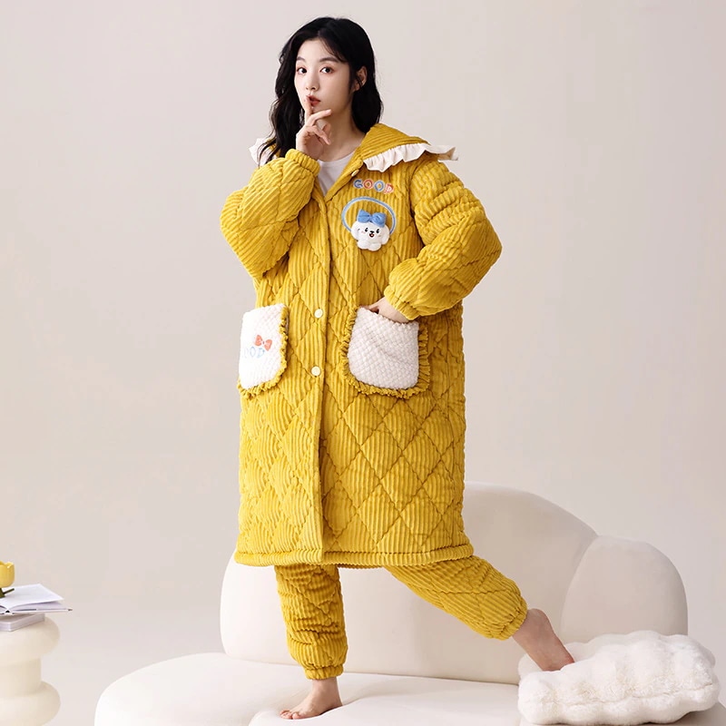 値下バスローブの家居服 サンゴの绒のパジャマ  寝衣x サンゴのベルベットの寝衣女性の冬の3層の綿のパジャマの新しい