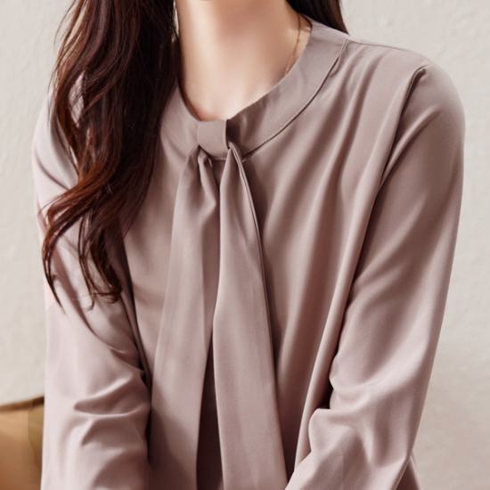 シャツ レディース 長袖 袖あり トップス シンプル 無地 ボウタイ タイ ラウンドネック 丸首 プルオーバー ピンク ブラウン 大きなサイズ XL 通勤 通学 学生 オフィス OL フェミニン きれ