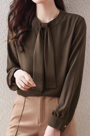 シャツ レディース 長袖 袖あり トップス シンプル 無地 ボウタイ タイ ラウンドネック 丸首 プルオーバー ピンク ブラウン 大きなサイズ XL 通勤 通学 学生 オフィス OL フェミニン きれ