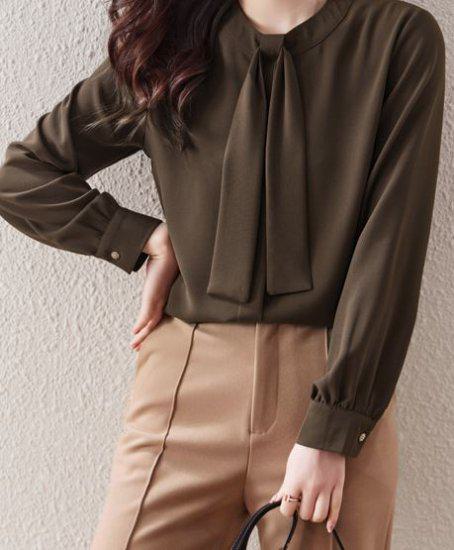 シャツ レディース 長袖 袖あり トップス シンプル 無地 ボウタイ タイ ラウンドネック 丸首 プルオーバー ピンク ブラウン 大きなサイズ XL 通勤 通学 学生 オフィス OL フェミニン きれ