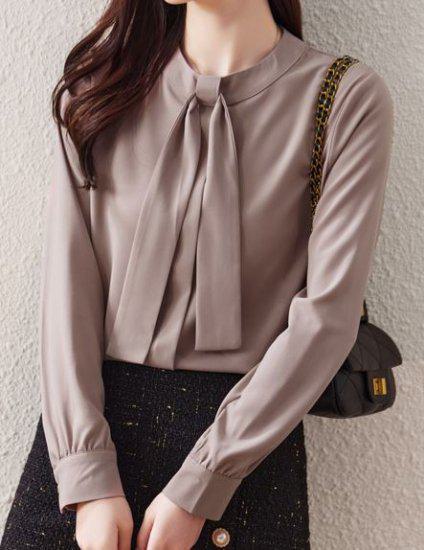 シャツ レディース 長袖 袖あり トップス シンプル 無地 ボウタイ タイ ラウンドネック 丸首 プルオーバー ピンク ブラウン 大きなサイズ XL 通勤 通学 学生 オフィス OL フェミニン きれ