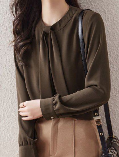 シャツ レディース 長袖 袖あり トップス シンプル 無地 ボウタイ タイ ラウンドネック 丸首 プルオーバー ピンク ブラウン 大きなサイズ XL 通勤 通学 学生 オフィス OL フェミニン きれ