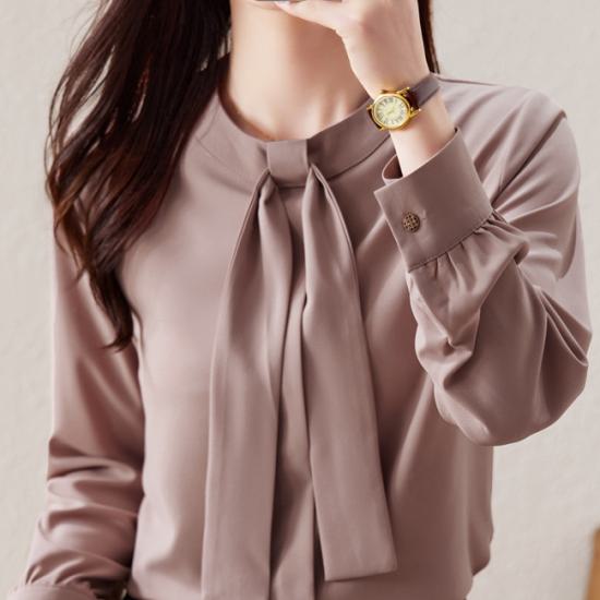 シャツ レディース 長袖 袖あり トップス シンプル 無地 ボウタイ タイ ラウンドネック 丸首 プルオーバー ピンク ブラウン 大きなサイズ XL 通勤 通学 学生 オフィス OL フェミニン きれ