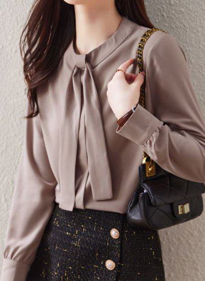 シャツ レディース 長袖 袖あり トップス シンプル 無地 ボウタイ タイ ラウンドネック 丸首 プルオーバー ピンク ブラウン 大きなサイズ XL 通勤 通学 学生 オフィス OL フェミニン きれ