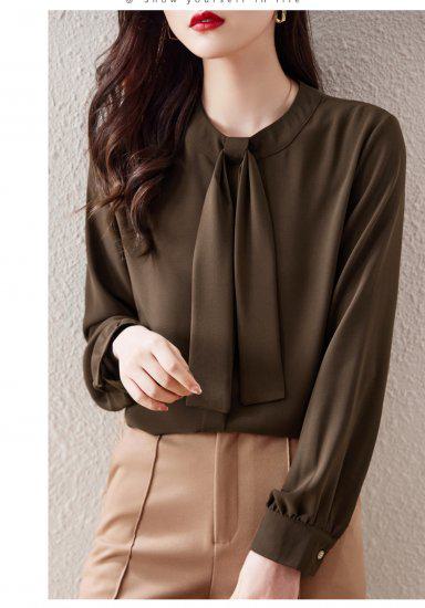 シャツ レディース 長袖 袖あり トップス シンプル 無地 ボウタイ タイ ラウンドネック 丸首 プルオーバー ピンク ブラウン 大きなサイズ XL 通勤 通学 学生 オフィス OL フェミニン きれ