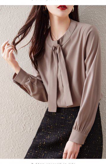 シャツ レディース 長袖 袖あり トップス シンプル 無地 ボウタイ タイ ラウンドネック 丸首 プルオーバー ピンク ブラウン 大きなサイズ XL 通勤 通学 学生 オフィス OL フェミニン きれ