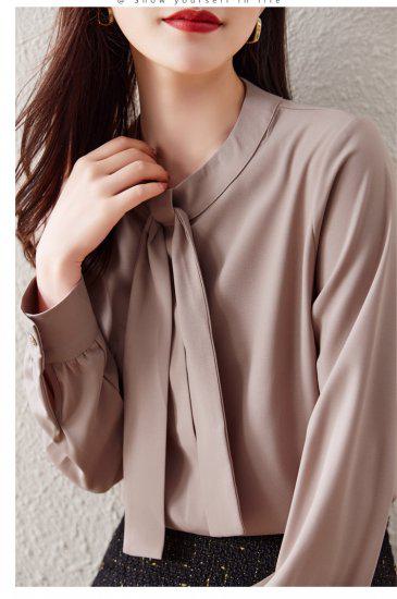 シャツ レディース 長袖 袖あり トップス シンプル 無地 ボウタイ タイ ラウンドネック 丸首 プルオーバー ピンク ブラウン 大きなサイズ XL 通勤 通学 学生 オフィス OL フェミニン きれ