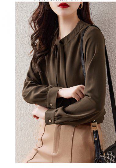 シャツ レディース 長袖 袖あり トップス シンプル 無地 ボウタイ タイ ラウンドネック 丸首 プルオーバー ピンク ブラウン 大きなサイズ XL 通勤 通学 学生 オフィス OL フェミニン きれ