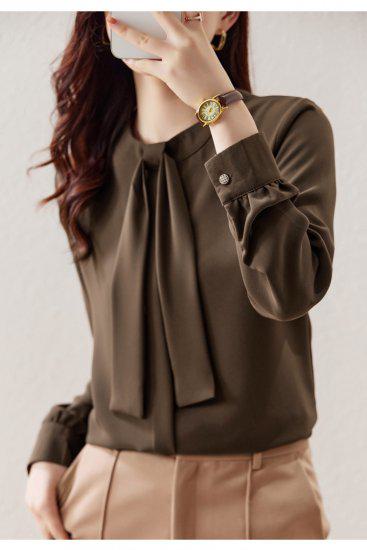 シャツ レディース 長袖 袖あり トップス シンプル 無地 ボウタイ タイ ラウンドネック 丸首 プルオーバー ピンク ブラウン 大きなサイズ XL 通勤 通学 学生 オフィス OL フェミニン きれ