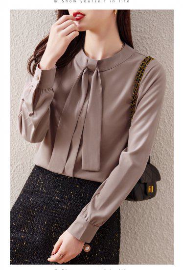 シャツ レディース 長袖 袖あり トップス シンプル 無地 ボウタイ タイ ラウンドネック 丸首 プルオーバー ピンク ブラウン 大きなサイズ XL 通勤 通学 学生 オフィス OL フェミニン きれ