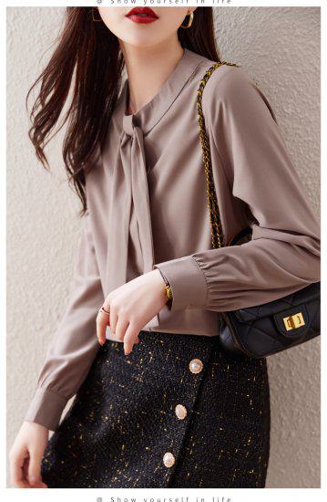 シャツ レディース 長袖 袖あり トップス シンプル 無地 ボウタイ タイ ラウンドネック 丸首 プルオーバー ピンク ブラウン 大きなサイズ XL 通勤 通学 学生 オフィス OL フェミニン きれ