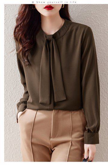 シャツ レディース 長袖 袖あり トップス シンプル 無地 ボウタイ タイ ラウンドネック 丸首 プルオーバー ピンク ブラウン 大きなサイズ XL 通勤 通学 学生 オフィス OL フェミニン きれ