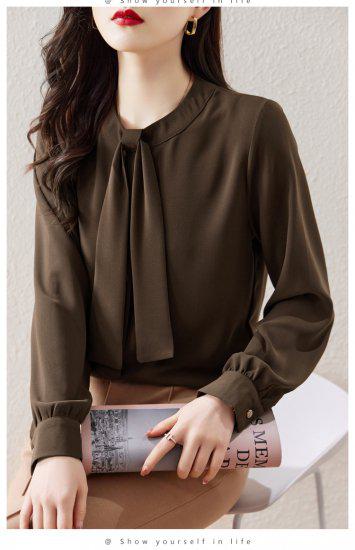 シャツ レディース 長袖 袖あり トップス シンプル 無地 ボウタイ タイ ラウンドネック 丸首 プルオーバー ピンク ブラウン 大きなサイズ XL 通勤 通学 学生 オフィス OL フェミニン きれ