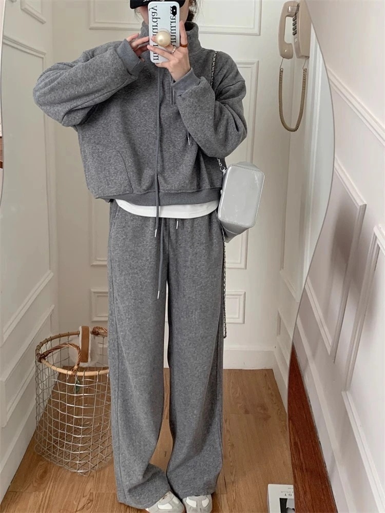 作シンプル運動セットアップ着痩せ裏起毛厚パーカーワイドパンツ二点セットレディースファッション福袋大きめサイズスウエットセットアップ