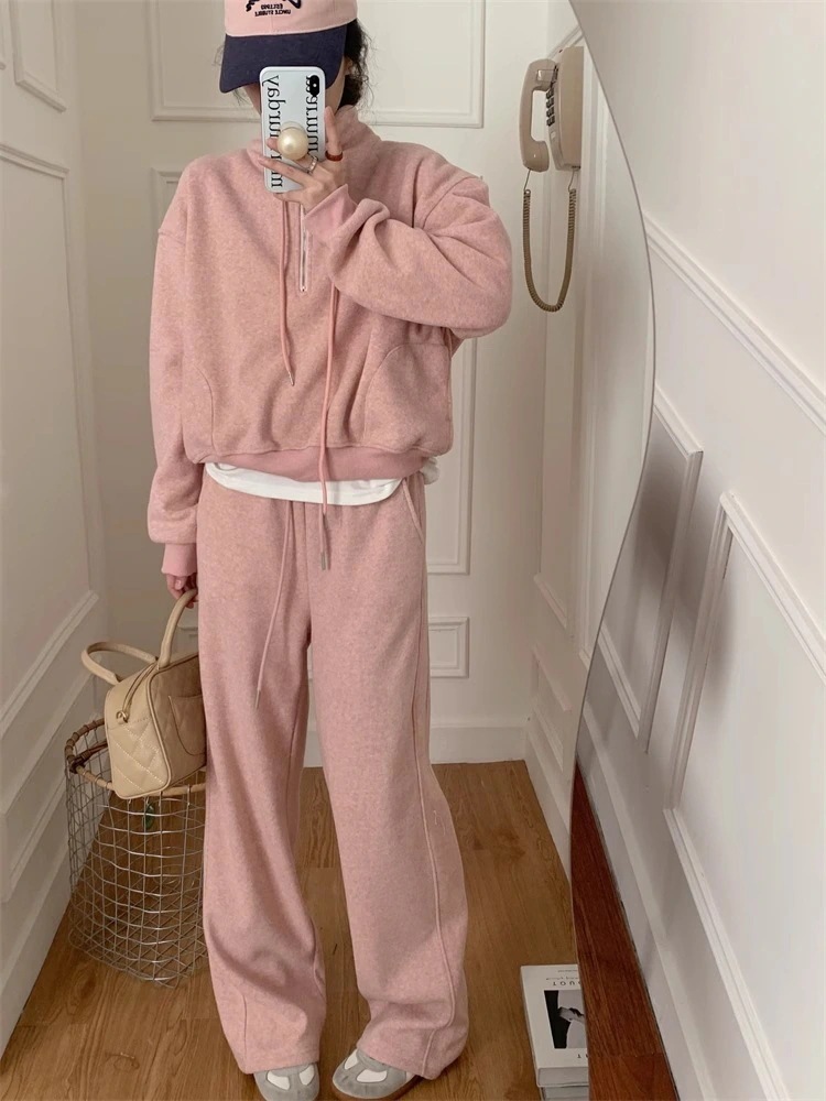 作シンプル運動セットアップ着痩せ裏起毛厚パーカーワイドパンツ二点セットレディースファッション福袋大きめサイズスウエットセットアップ