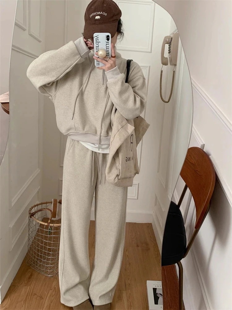 作シンプル運動セットアップ着痩せ裏起毛厚パーカーワイドパンツ二点セットレディースファッション福袋大きめサイズスウエットセットアップ