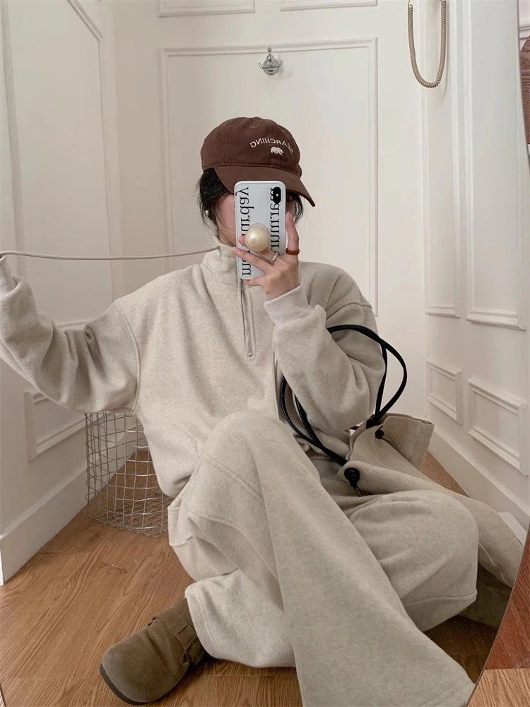 作シンプル運動セットアップ着痩せ裏起毛厚パーカーワイドパンツ二点セットレディースファッション福袋大きめサイズスウエットセットアップ