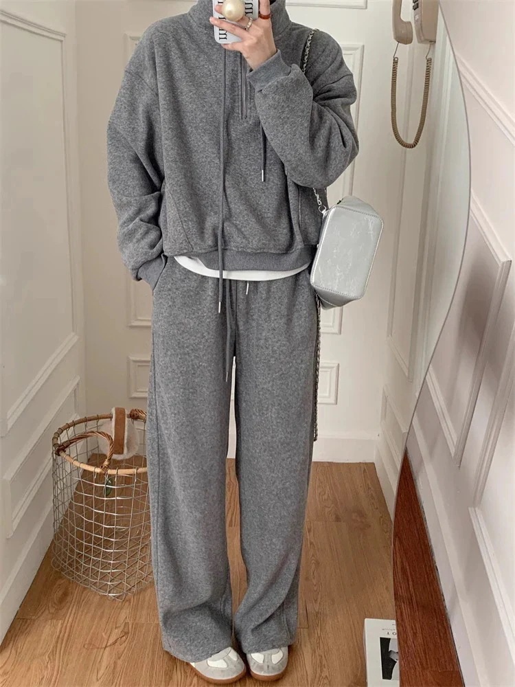 作シンプル運動セットアップ着痩せ裏起毛厚パーカーワイドパンツ二点セットレディースファッション福袋大きめサイズスウエットセットアップ