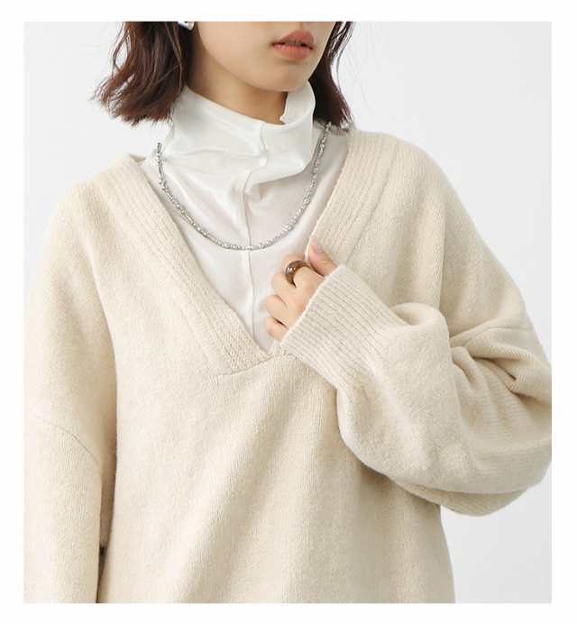 トップス セーター ロング ワイド 体型カバー 長袖 二の腕カバー Vネック ふんわり ゆったり ぽわん袖