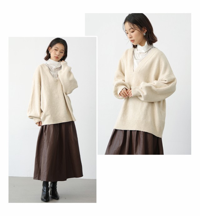 トップス セーター ロング ワイド 体型カバー 長袖 二の腕カバー Vネック ふんわり ゆったり ぽわん袖