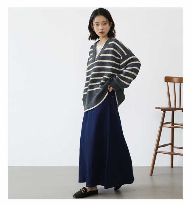 トップス セーター ロング ワイド 体型カバー 長袖 二の腕カバー Vネック ふんわり ゆったり ぽわん袖