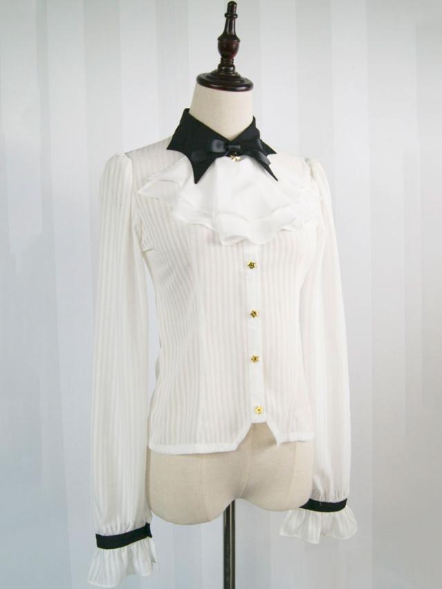 【短納期】ロリィタブラウスシフォン長袖プリーツ折り襟ゴシック2カラーブロック 【短納期】ロリィタブラウスシフォン長袖プリーツ折り襟ゴシック2カラーブロック