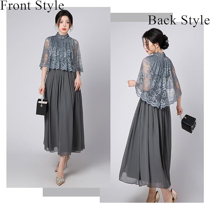 結婚式ドレス ケープ付き ロング レース お呼ばれ 袖あり ミモレ丈 体型カバー Aライン フォーマル(ダークグレー, 2XL)