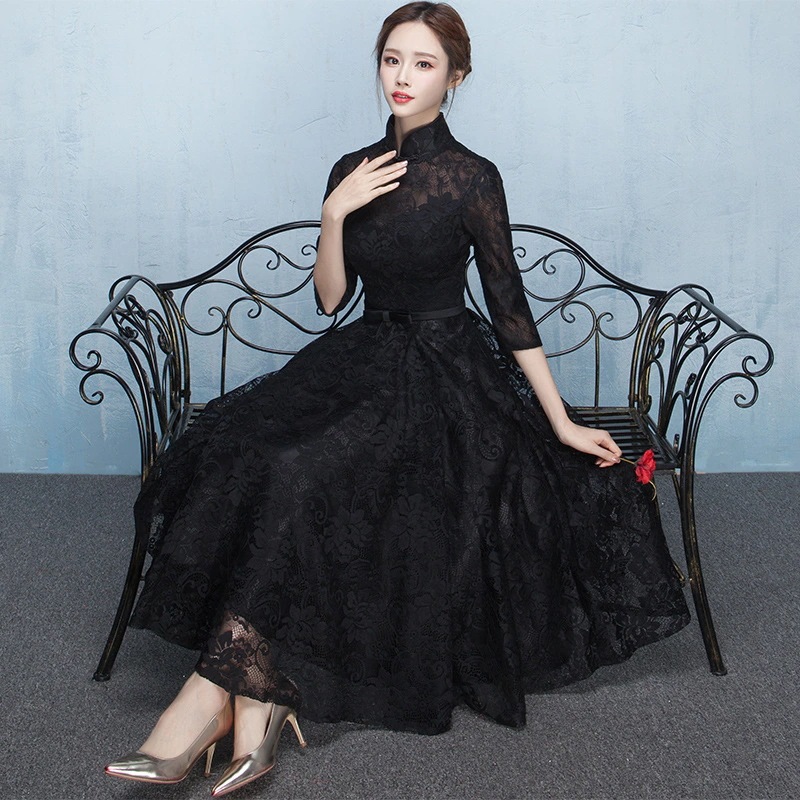 ドレスワンピースチャイナ風ドレスパーティードレス七分袖結婚式二次会女子会総レースシ ドレスワンピースチャイナ風ドレスパーティードレス七分袖結婚式二次会女子会総レースシ