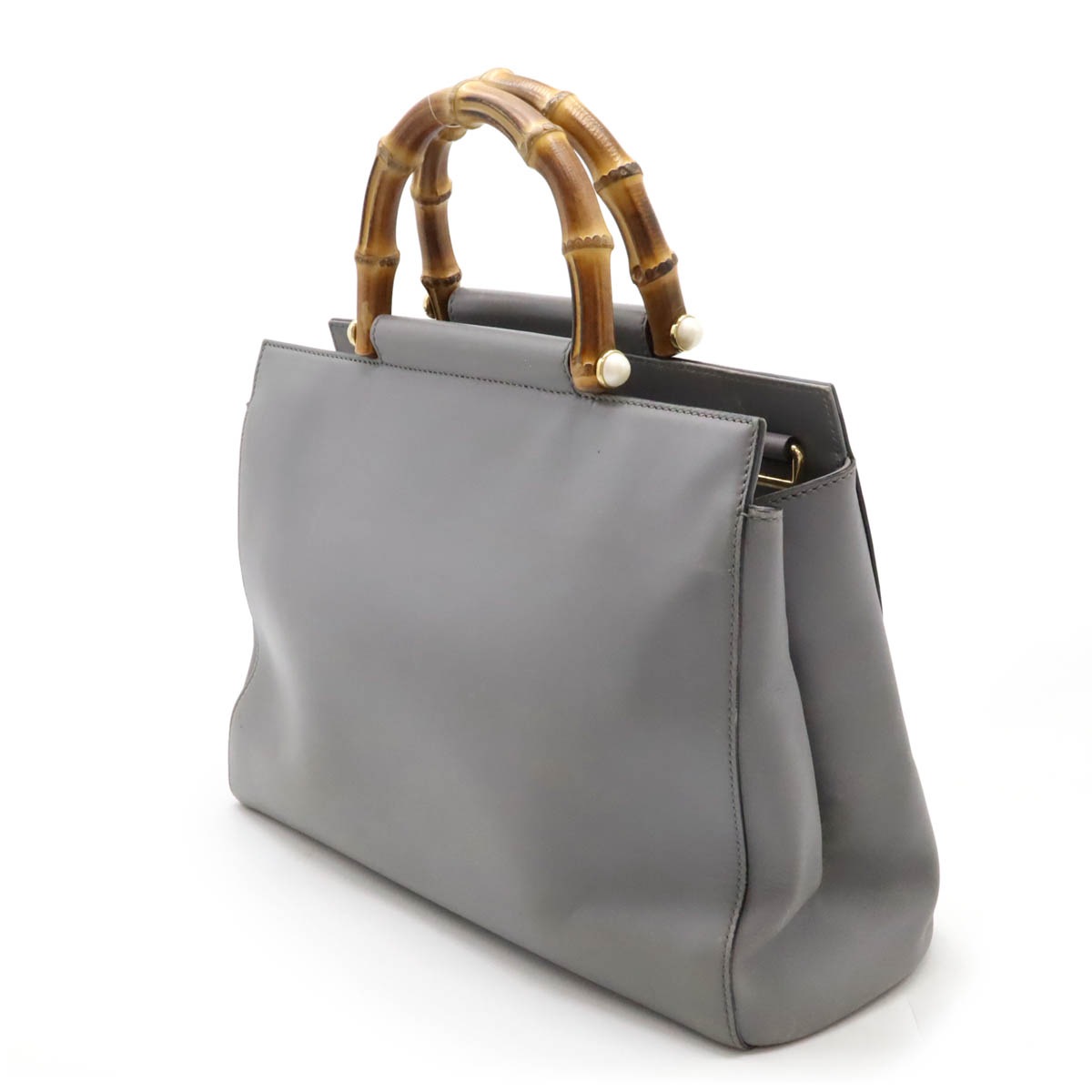 ニムフェア バンブー ハンドバッグ レザー フェイクパール グレー ショルダーストラップ欠品 45376 ニムフェア バンブー ハンドバッグ レザー フェイクパール グレー ショルダーストラップ欠品 45376