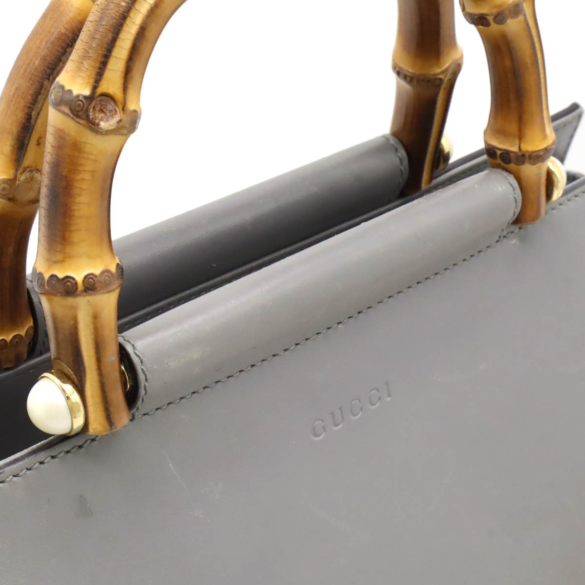 ニムフェア バンブー ハンドバッグ レザー フェイクパール グレー ショルダーストラップ欠品 45376 ニムフェア バンブー ハンドバッグ レザー フェイクパール グレー ショルダーストラップ欠品 45376