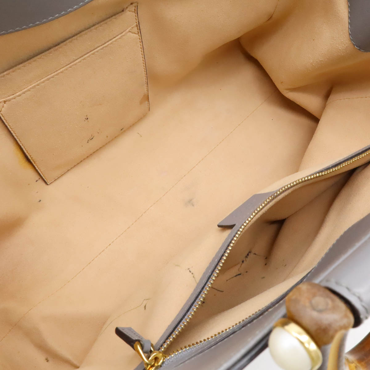 ニムフェア バンブー ハンドバッグ レザー フェイクパール グレー ショルダーストラップ欠品 45376 ニムフェア バンブー ハンドバッグ レザー フェイクパール グレー ショルダーストラップ欠品 45376