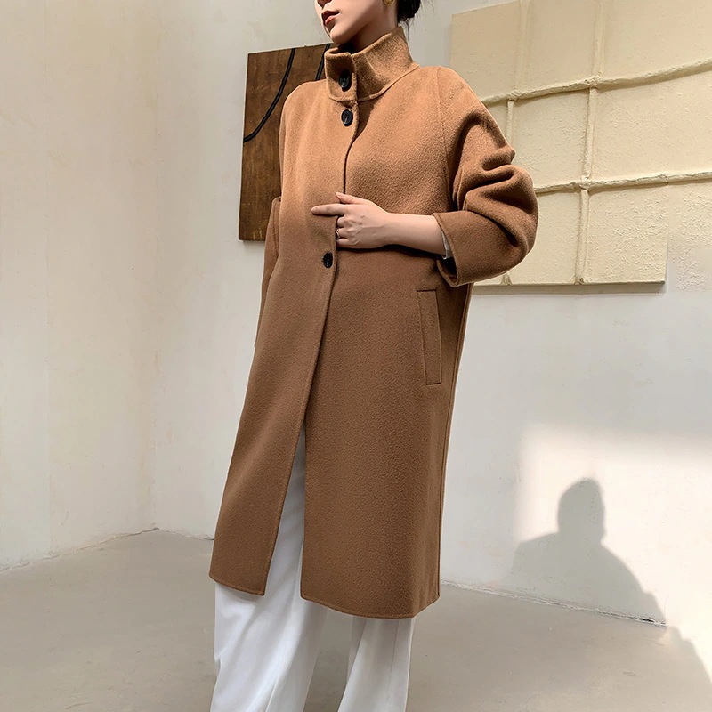 無地両面ツイードカシミヤコート女性秋冬新作ウール襟膝ルーズツイードジャケットロング部分 無地両面ツイードカシミヤコート女性秋冬新作ウール襟膝ルーズツイードジャケットロング部分