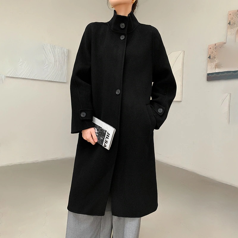 無地両面ツイードカシミヤコート女性秋冬新作ウール襟膝ルーズツイードジャケットロング部分 無地両面ツイードカシミヤコート女性秋冬新作ウール襟膝ルーズツイードジャケットロング部分