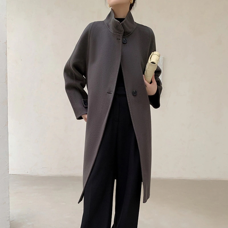 無地両面ツイードカシミヤコート女性秋冬新作ウール襟膝ルーズツイードジャケットロング部分 無地両面ツイードカシミヤコート女性秋冬新作ウール襟膝ルーズツイードジャケットロング部分