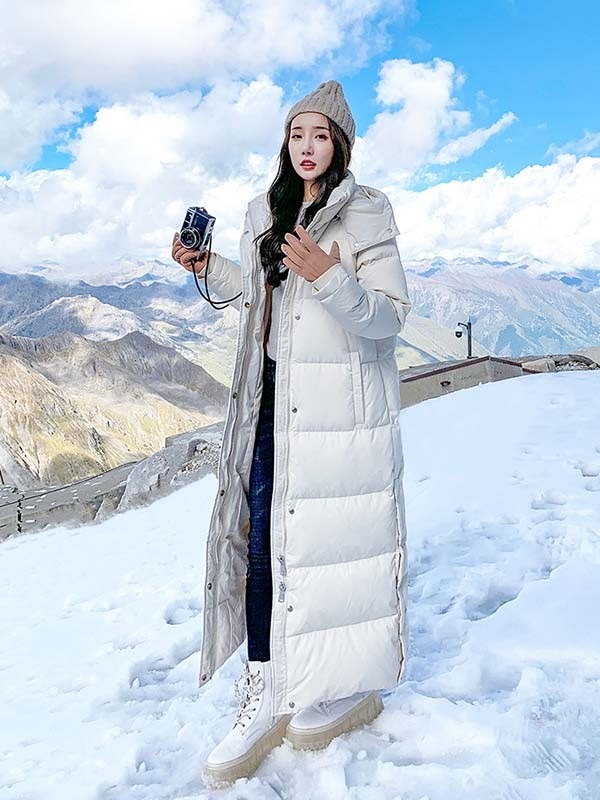 ダウンコート ロング ダウンジャケット Aライン フード有り 撥水 着痩せ 軽量 無地 グレー 厚手