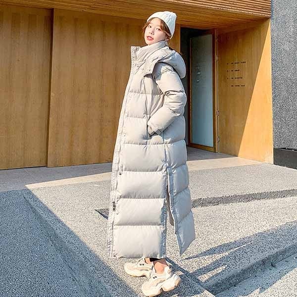 ダウンコート ロング ダウンジャケット Aライン フード有り 撥水 着痩せ 軽量 無地 グレー 厚手