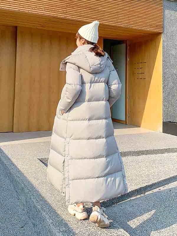 ダウンコート ロング ダウンジャケット Aライン フード有り 撥水 着痩せ 軽量 無地 グレー 厚手