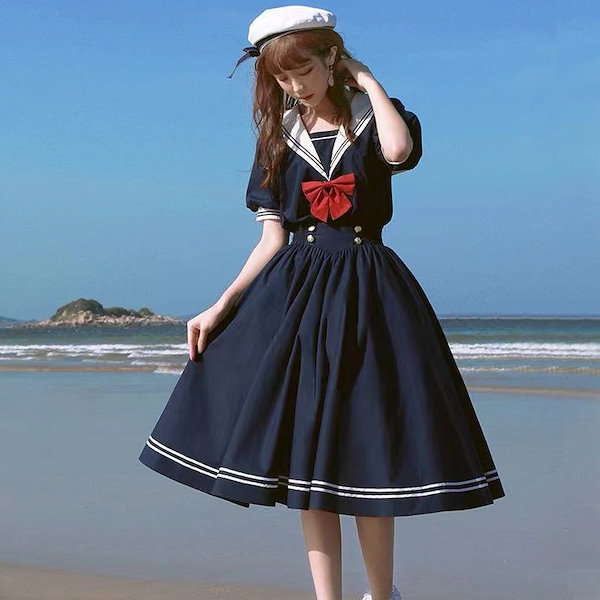 Qoo10] ロングワンピース 夏 セーラー襟 ワンピ