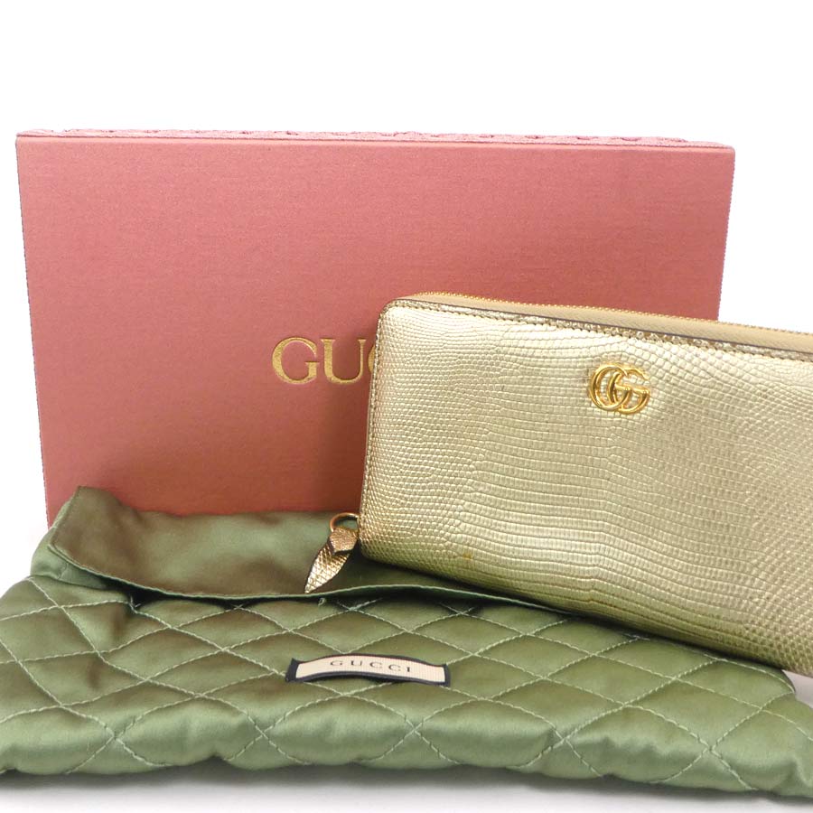 グッチ GUCCI ラウンドファスナー長財布 GGマーモント リザード ゴールド ユニセックス 456117 r10185g