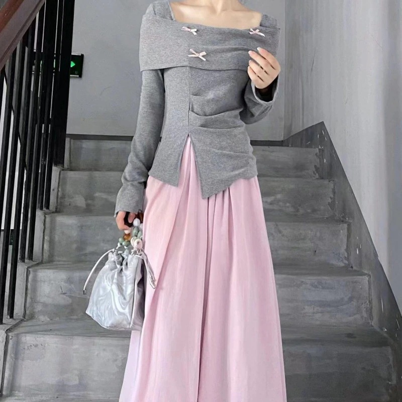 ハイエンドのカスタマイズ-スーツインスタイル春と秋の新しい韓国デザイン長袖Tシャツトップカレッジスタイル2点セットハイウエストスカート