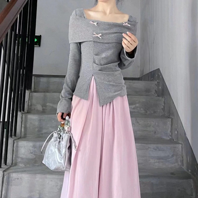 ハイエンドのカスタマイズ-スーツインスタイル春と秋の新しい韓国デザイン長袖Tシャツトップカレッジスタイル2点セットハイウエストスカート