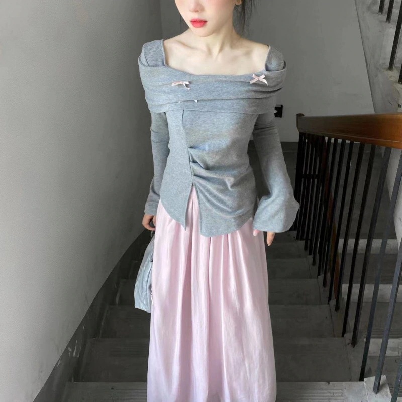 ハイエンドのカスタマイズ-スーツインスタイル春と秋の新しい韓国デザイン長袖Tシャツトップカレッジスタイル2点セットハイウエストスカート