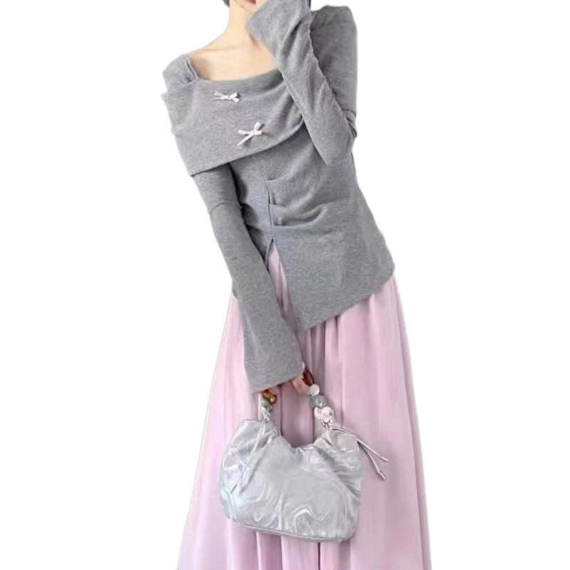 ハイエンドのカスタマイズ-スーツインスタイル春と秋の新しい韓国デザイン長袖Tシャツトップカレッジスタイル2点セットハイウエストスカート