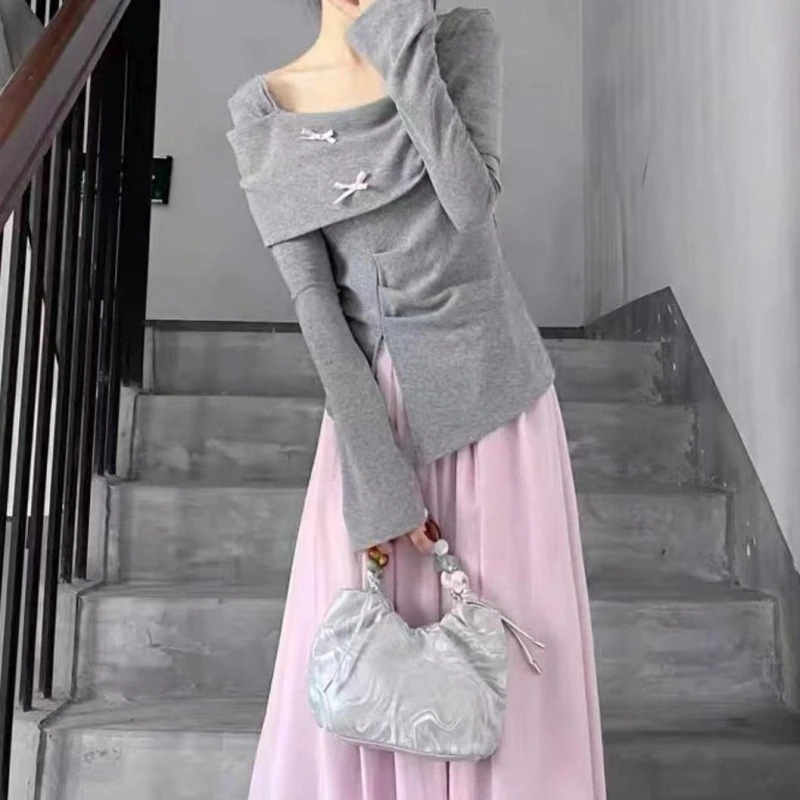 ハイエンドのカスタマイズ-スーツインスタイル春と秋の新しい韓国デザイン長袖Tシャツトップカレッジスタイル2点セットハイウエストスカート