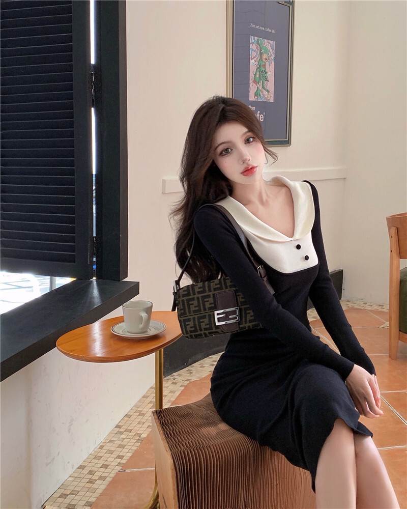 ワンピース ドレス レディース タイト 黒 セクシー ミディアム丈 膝丈 ミモレ丈 長袖 襟付き 秋 冬 ブラック ホワイト 黒 白 バイカラー モノトーン カジュアル レトロ キャバ ワンピ ドレス