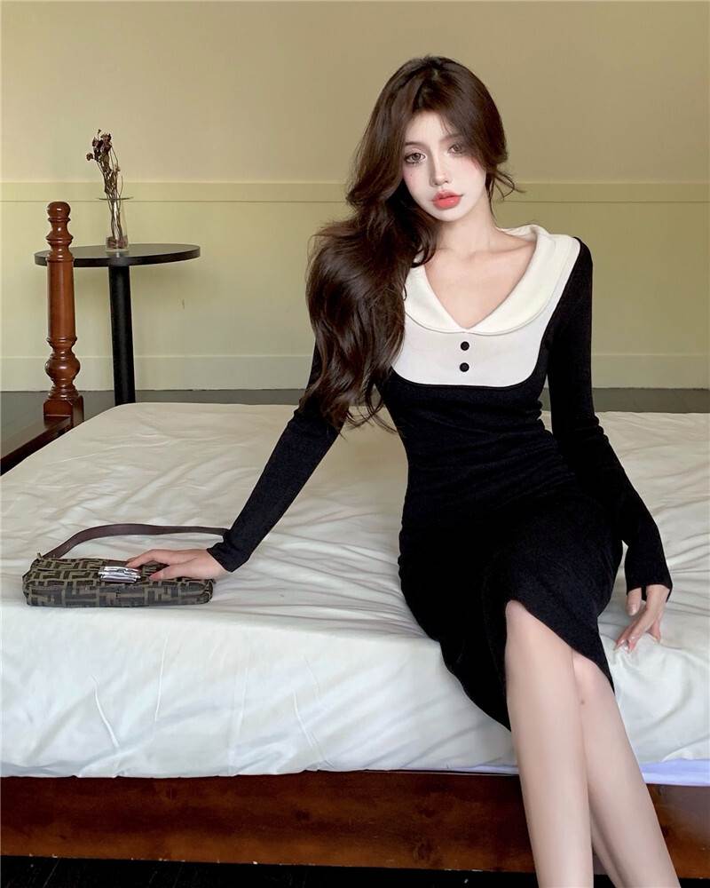 ワンピース ドレス レディース タイト 黒 セクシー ミディアム丈 膝丈 ミモレ丈 長袖 襟付き 秋 冬 ブラック ホワイト 黒 白 バイカラー モノトーン カジュアル レトロ キャバ ワンピ ドレス